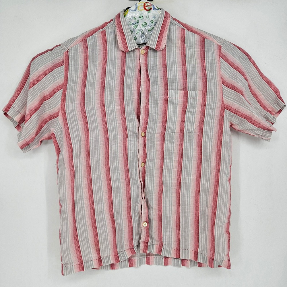 Tommy Bahama Shirt Mens Large Linen Short Sleeve Pink White Striped Relax Casual